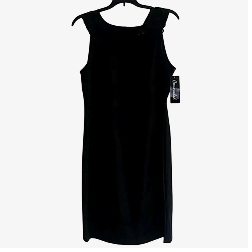 Connected Womens Black Sleeveless Sheath Dress Embroidered Scallop Neck Size 10